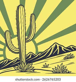 Bold Pop Art Cactus Tree with Spiky Cartoon Highlights and a Sunset Desert Backdrop