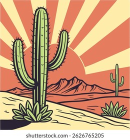 Bold Pop Art Cactus Tree with Spiky Cartoon Highlights and a Sunset Desert Backdrop