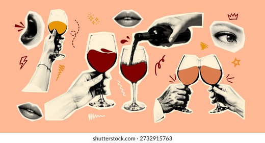Bold pop art collage depicts halftone hands pouring and clinking red wine glasses on peach background, vector illustration for social media, posters, and beverage branding, playful.