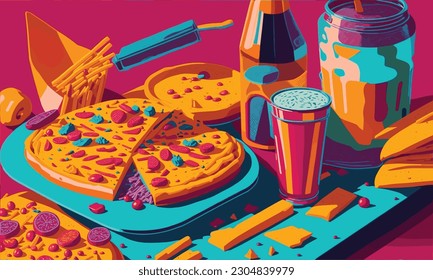 A bold pop art still life of a table full of food
