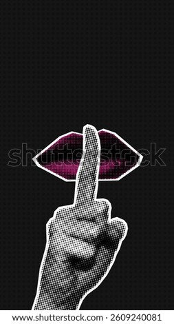 A bold pop art-inspired graphic featuring a halftone hand making a silence gesture with lips, symbolizing secrecy, mystery, or confidentiality. .