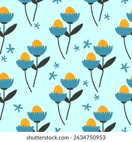 Bold positive and bright floral seamless pattern, hand drawn background with funny naive flowers, textile or fabric vector print