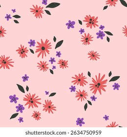 Bold positive and bright floral seamless pattern, hand drawn background with funny naive flowers, textile or fabric vector print