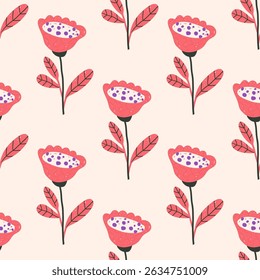 Bold positive and bright floral seamless pattern, hand drawn background with funny naive flowers, textile or fabric vector print
