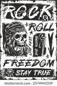 A bold poster features a skull with a bandana electric guitar and phrases emphasizing the rock and roll lifestyle. It captures themes of freedom and living life to the fullest.