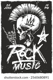 A bold poster for a rock music event taking place on June 20 at 10 PM. The design showcases a skull with a mohawk and a hand making a rock gesture.