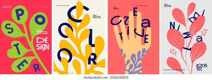 Bold poster set with organic shapes and vibrant typography. Combines minimalist design with lively color schemes, showcasing creative layouts and vector graphics for 2025 events.