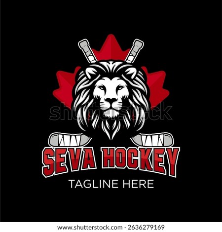 A bold and powerful sports team logo featuring a fierce lion head in front of a red maple leaf, crossed hockey sticks, and strong block-style lettering that reads “Seva Hockey”. Perfect for hockey tea