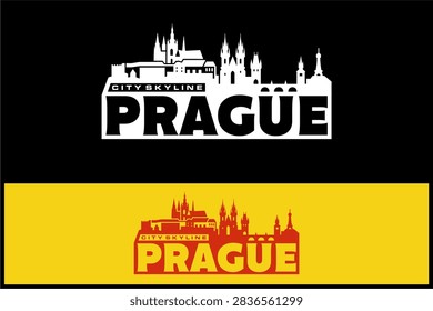 Bold Prague text logo integrated with castle and cathedral skyline silhouette design in white and red colorways vector design inspiration