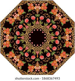Una letra audaz para un paraguas octogonal con flores de tulipán pintadas, corazones pequeños y un borde rizado sobre un fondo negro. Accesorio de moda. Alfombra.