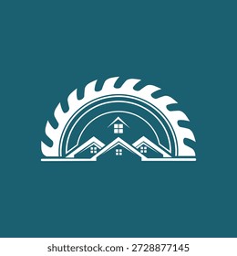 Logotipo ousado e profissional da casa e da construção com uma casa combinada com um design de logotipo de elemento de lâmina de serra circular.