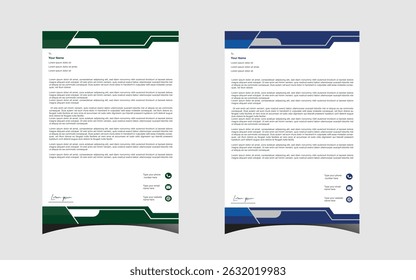 Un papier à en-tête audacieux et professionnel avec des lignes nettes en vert et bleu, parfait pour les documents d'entreprise et formels.