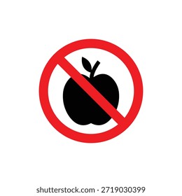 Bold “no apple” prohibition icon featuring a black apple silhouette crossed by a red circle. Clear, minimal, and easy-to-read warning symbol suitable for labels, signs, safety guides, and digital use.