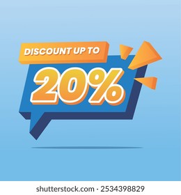 A bold promotional banner offering a 20% discount, featuring a dynamic blue background with vibrant orange and yellow accents, ideal for sales events and special offers.