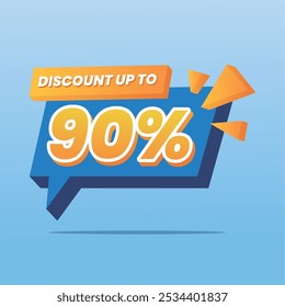 A bold promotional banner offering a 90% discount, featuring a dynamic blue background with vibrant orange and yellow accents, ideal for sales events and special offers.