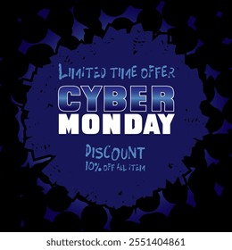 Gráfico promocional audaz con tema Cyber Monday con grunge dinámico y diseño vanguardista. El fondo texturizado azul oscuro agrega profundidad y sofisticación al diseño. Diseño llamativo para llamar la atención.