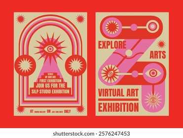 Bold psychedelic art exhibition posters with vibrant red and pink designs. Eye-catching graphics. Exhibition details in striking fonts. Psychedelic retro poster template vectors.