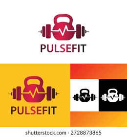 Logotipo ousado PulseFit combinando força de barbell e ritmo de batimento cardíaco, ideal para ginásios, marcas de fitness, centros de treinamento e empresas de saúde atlética.
