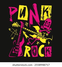 Bold punk rock artwork features two electric guitars with vibrant colors and symbols such as a skull and heart. The design captures the essence of punk music culture.