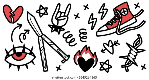 Bold punk rock doodle icons and symbols - broken heart and knife, lightning and sneaker, eye and flames. Hand drawn rebellious graphics for tattoos, alternative band merch. Raw street art elements.