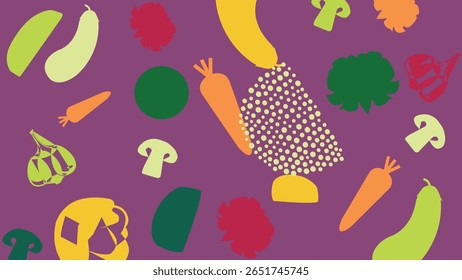 Bold purple backdrop decorated with stylized veggies like carrots, banana peppers, and mushrooms in a bright, flat graphic illustration style.