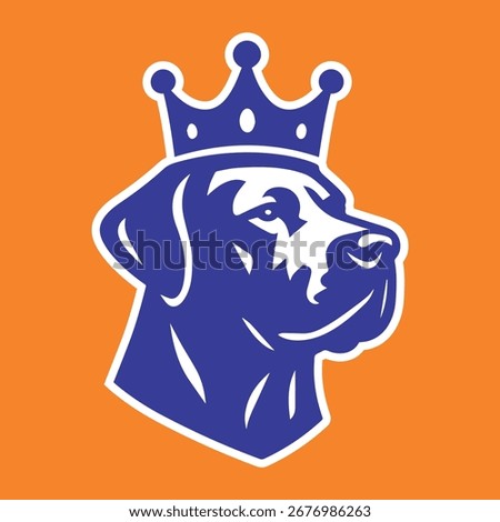 Bold purple dog logo with royal crown on bright orange background, modern pet emblem symbolizing strength, loyalty, and prestige in minimalist vector design