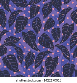 Bold purple greenery leaves texture vector pattern with pink dots background for fabric, wallpaper, scrapbooking projects. Surface pattern design.