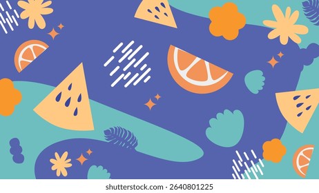 Bold purple layout with watermelon wedges, citrus slices, and floral accents. Perfect for vibrant summer visuals or juice-themed graphics.
