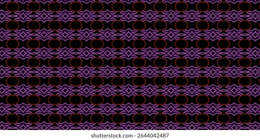 Bold purple and red tribal-inspired pattern on black background. Dynamic symmetry and rich contrast create a modern ethnic textile or fashion print.
