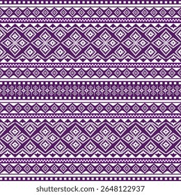 Bold Purple and White Pixel Art Ethnic Seamless Pattern with Intricate Geometric Bands. Traditional Tribal Embroidery Style Digital Textile Design.