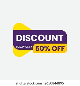 Bold purple and yellow graphic design featuring the word discount and the offer today only 50 off perfect for promotional sales and advertising campaigns