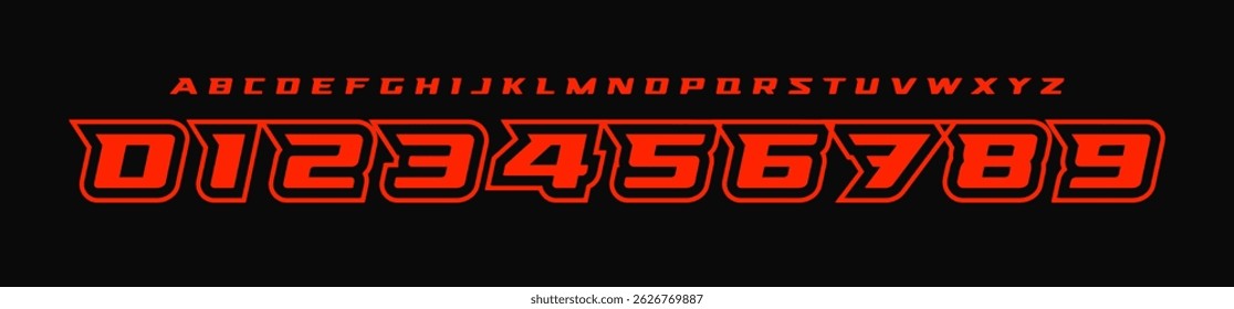 Bold racing alphabet, slanted italic font, speed-driven typography, dynamic sport typeface, futuristic logo number design, aggressive motion style, high-impact graphic letters. Vector typeset