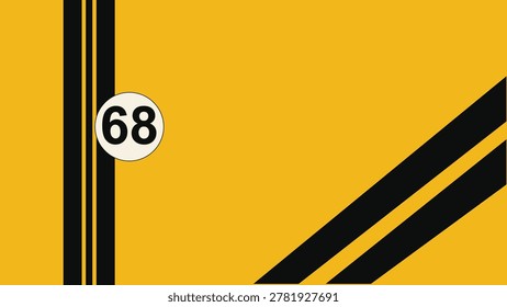 A bold racing graphic illustration featuring the number sixty eight inside a white circular emblem with dynamic black stripes set against a vivid yellow textured background.