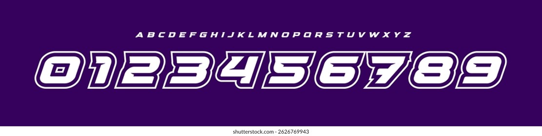 Bold Racing Number Font, Futuristic Speed Alphabet for sports branding, jersey design, gaming HUD, scoreboards, and esports visuals. Perfect for fast themes. Vector Illustration