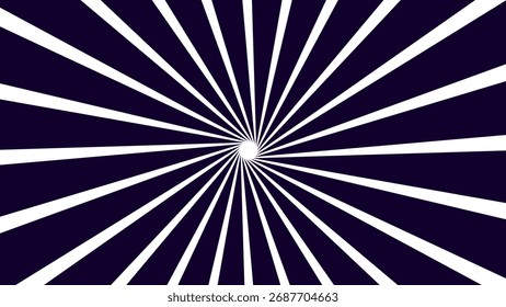 A bold radial burst design featuring deep purple and white alternating rays converging at a bright central point, creating a dynamic sense of depth and motion.