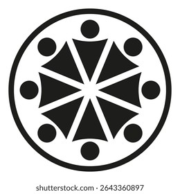 Ícone radial de negrito. Emblema preto sólido. Roda vetorial abstrata. Motivo do spinner geométrico.
