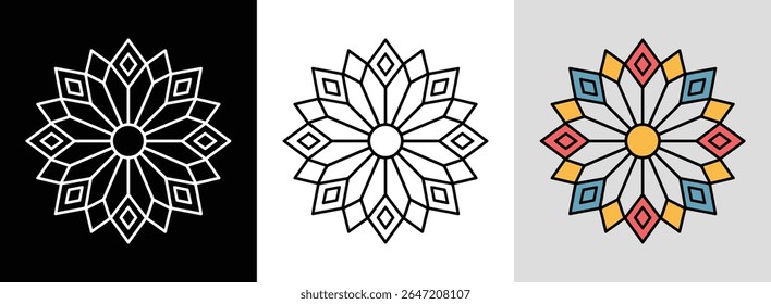 Mandala radial negrito com linhas de interseção e diamantes vibrantes para decoração dinâmica.