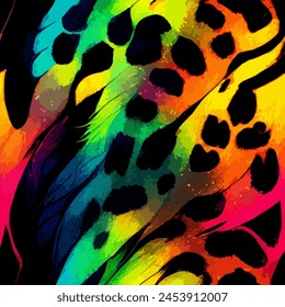 Bold Rainbow Leopard Print Vector Pattern. Eye-catching seamless vector pattern of a classic leopard print design in a vibrant rainbow colorway. Black is overlaid with a spectrum of colorful leopard 