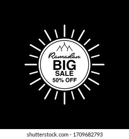 Bold Ramadan Big Sale vector design in white on black background featuring crescent moon, lanterns, and Islamic patterns. Perfect for promotional banners, social media ads, flyers, and festive marketi