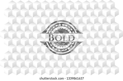 Bold realistic grey emblem with geometric cube white background