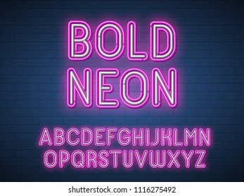 Bold realistic neon font. Vector alphabet.