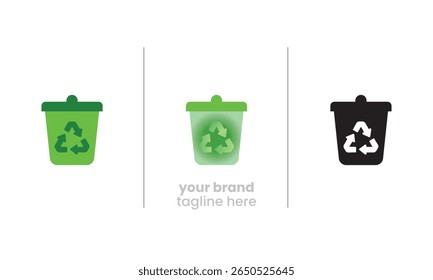 Ícone negrito da lixeira com setas verdes que significam classificação de resíduos ecológicos, redução de plástico e consciência ambiental em um formato vetorial limpo e editável.