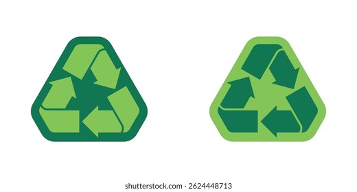 Bold recycle symbol design inside a rounded triangle with green color. Simple flat vector illustration label or sticker.