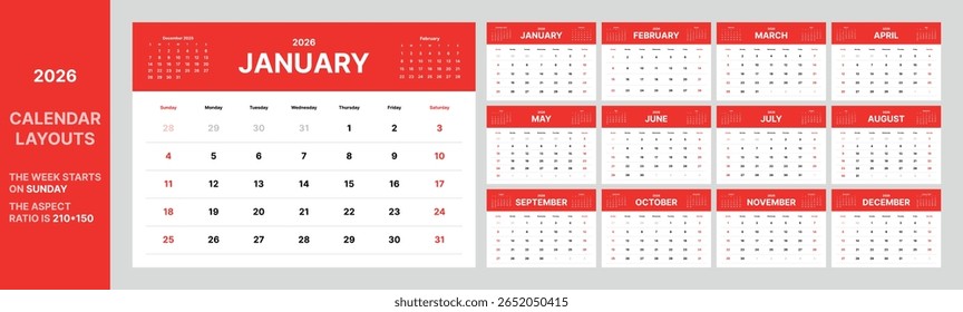 Bold vermelho 2026 layout de calendário com design de grade mensal limpo, semana começa no domingo, planejador de parede imprimível em formato 210x150, ideal para negócios, agendamento, planejamento, uso de produtividade