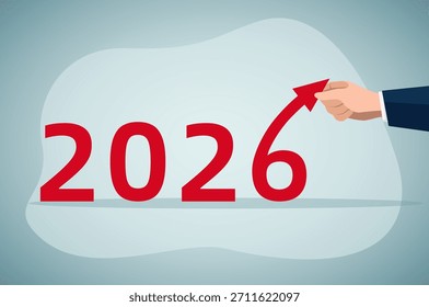 Bold red "2026" text paired with a business hand holding an upward red arrow, symbolizing growth, progress, and positive momentum for the year 2026.