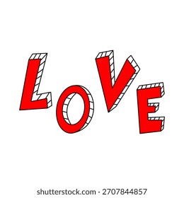 Bold red 3D “LOVE” text illustration with outlined shading. Ideal for romantic designs, Valentine themes, typography art, and modern graphic projects.