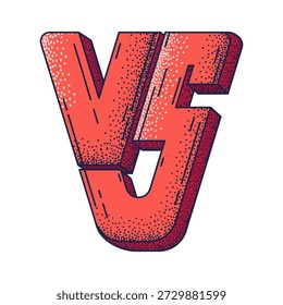 Uma tipografia em negrito vermelho 3D versus (VS) com sombreamento texturizado detalhado.