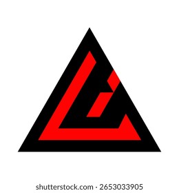 Forma em negrito de "L" ou "A" em vermelho dentro de um contorno triangular preto, criando um visual dinâmico e forte