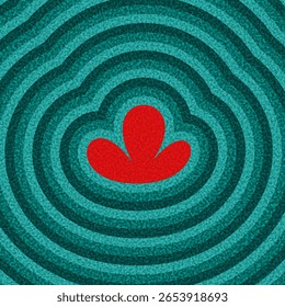 Pétalo abstracto rojo llamativo centrado en capas de ondas concéntricas azules. Ilustración vectorial con estilo retro texturizado.