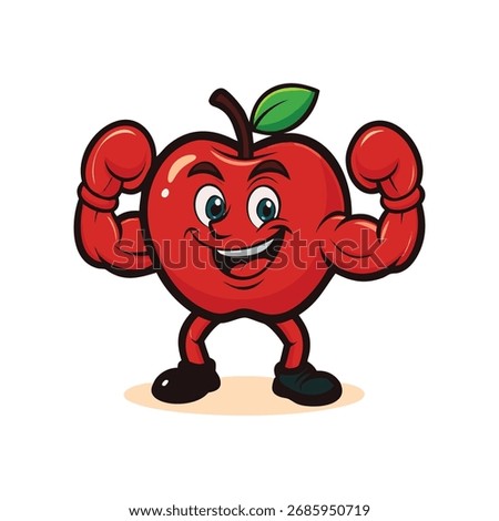 A bold red apple cartoon character showing off strong muscles with a big cheerful smile. Great for gym logos, health branding, sports products, nutrition campaigns, fruit mascots, and vector art.